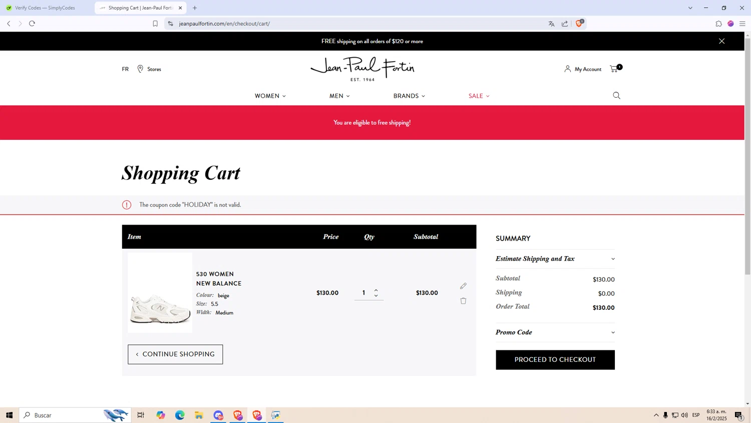 Jean-Paul Fortin promo code screenshot showing code HOLIDAY applied at Jean-Paul Fortin checkout page. Uploaded by SimplyCodes community member 000000 on Feb 16, 2025