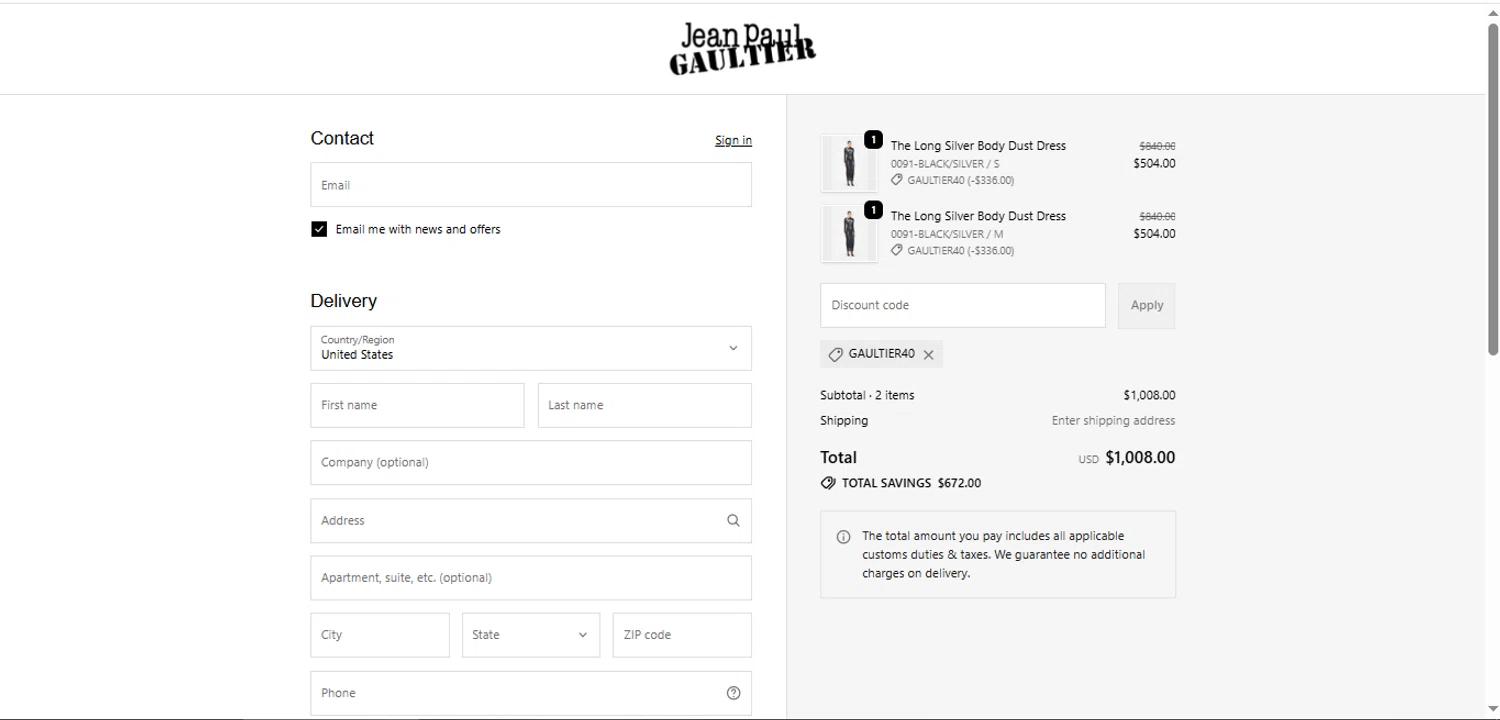 Jean Paul Gaultier promo code screenshot showing code GAULTIER40 applied at Jean Paul Gaultier checkout page. Uploaded by SimplyCodes community member BargainShopper1384 on Dec 1, 2025