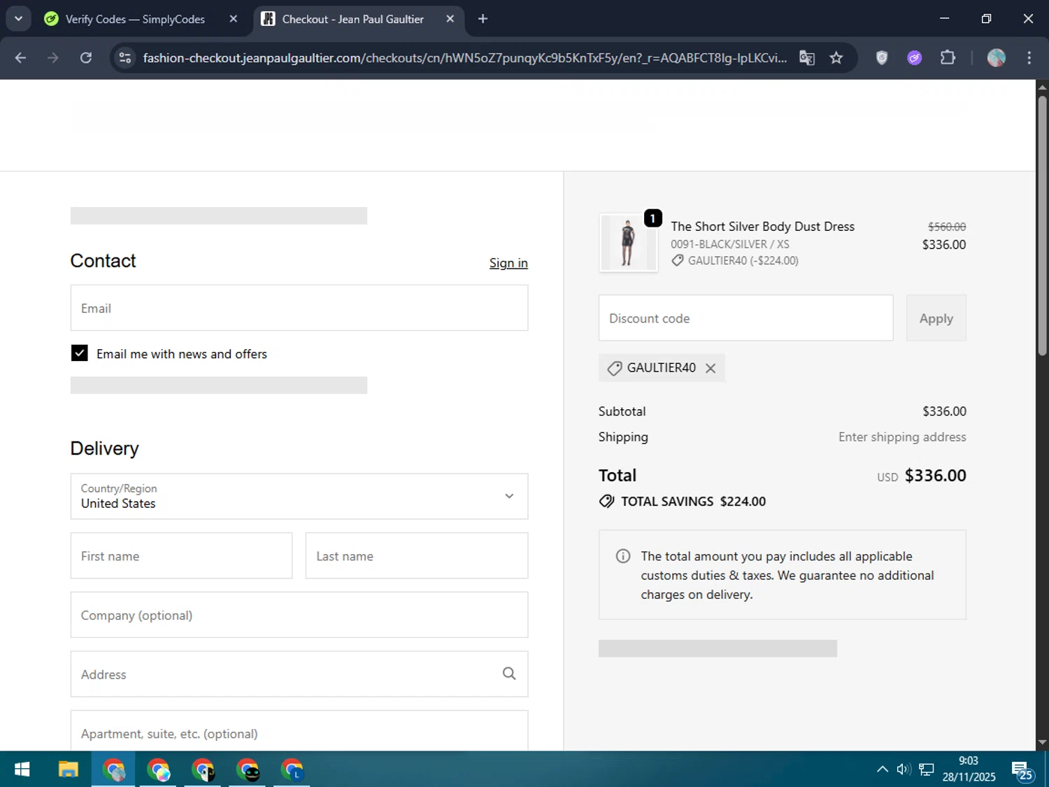 Jean Paul Gaultier checkout page showing Jean Paul Gaultier promo code box | Screenshot taken by SimplyCodes community member on Nov 28, 2025