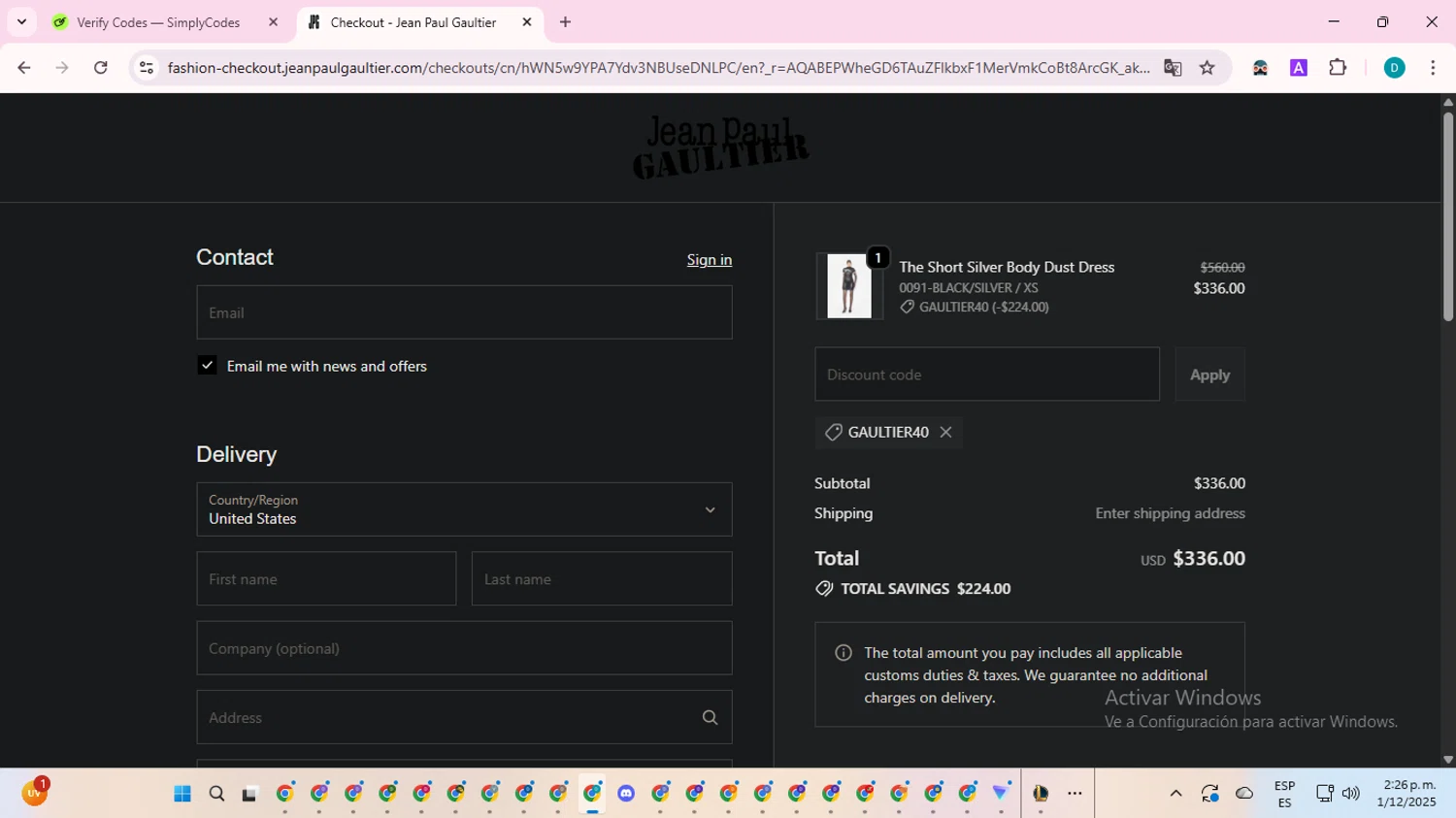 Jean Paul Gaultier promo code screenshot showing code GAULTIER40 applied at Jean Paul Gaultier checkout page. Uploaded by SimplyCodes community member ShrewdTracker5871 on Dec 1, 2025