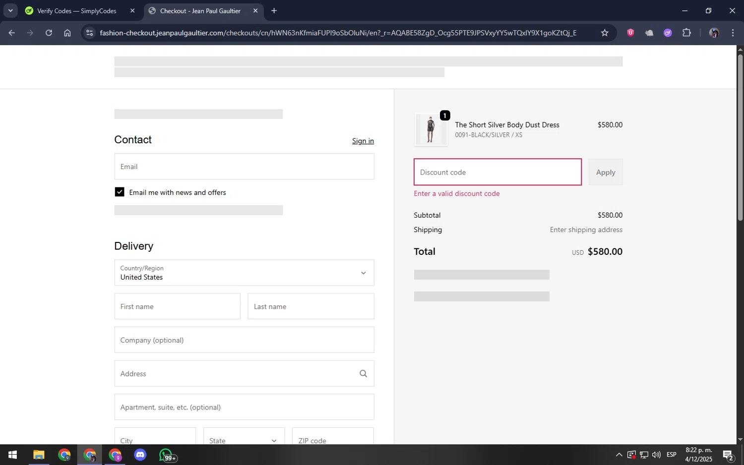Jean Paul Gaultier promo code screenshot showing code GAULTIER40 applied at Jean Paul Gaultier checkout page. Uploaded by SimplyCodes community member akamiguel on Dec 5, 2025