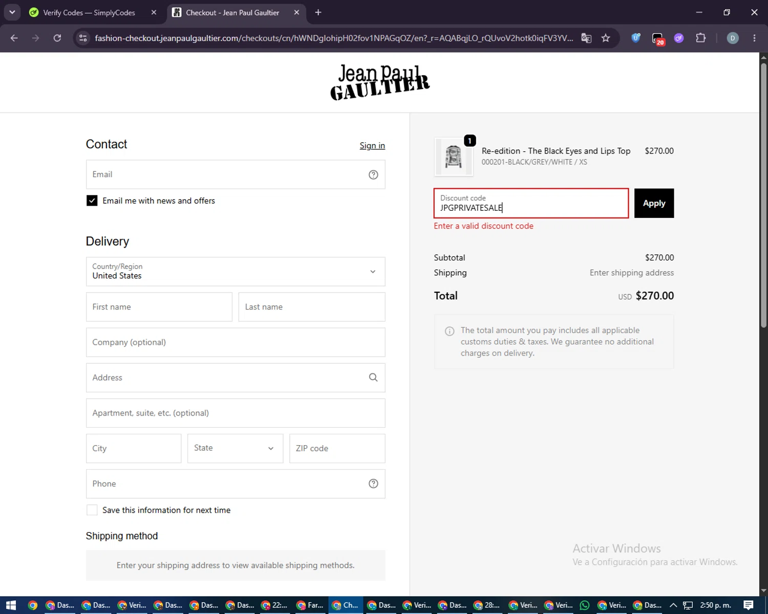 Verification screenshot for 40% Off Select Items at Jean Paul Gaultier - 40d ago