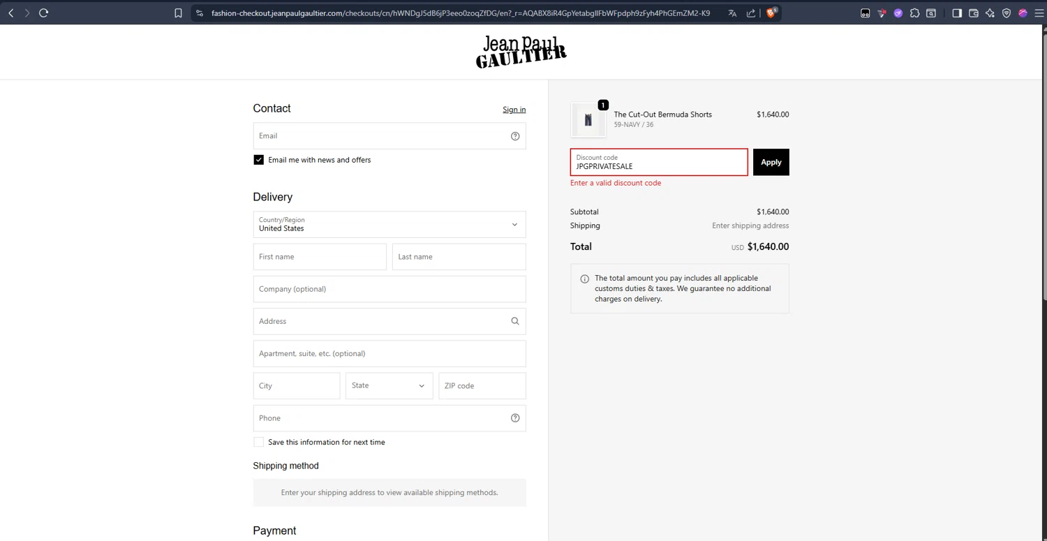 Verification screenshot for 40% Off Select Items at Jean Paul Gaultier - 40d ago