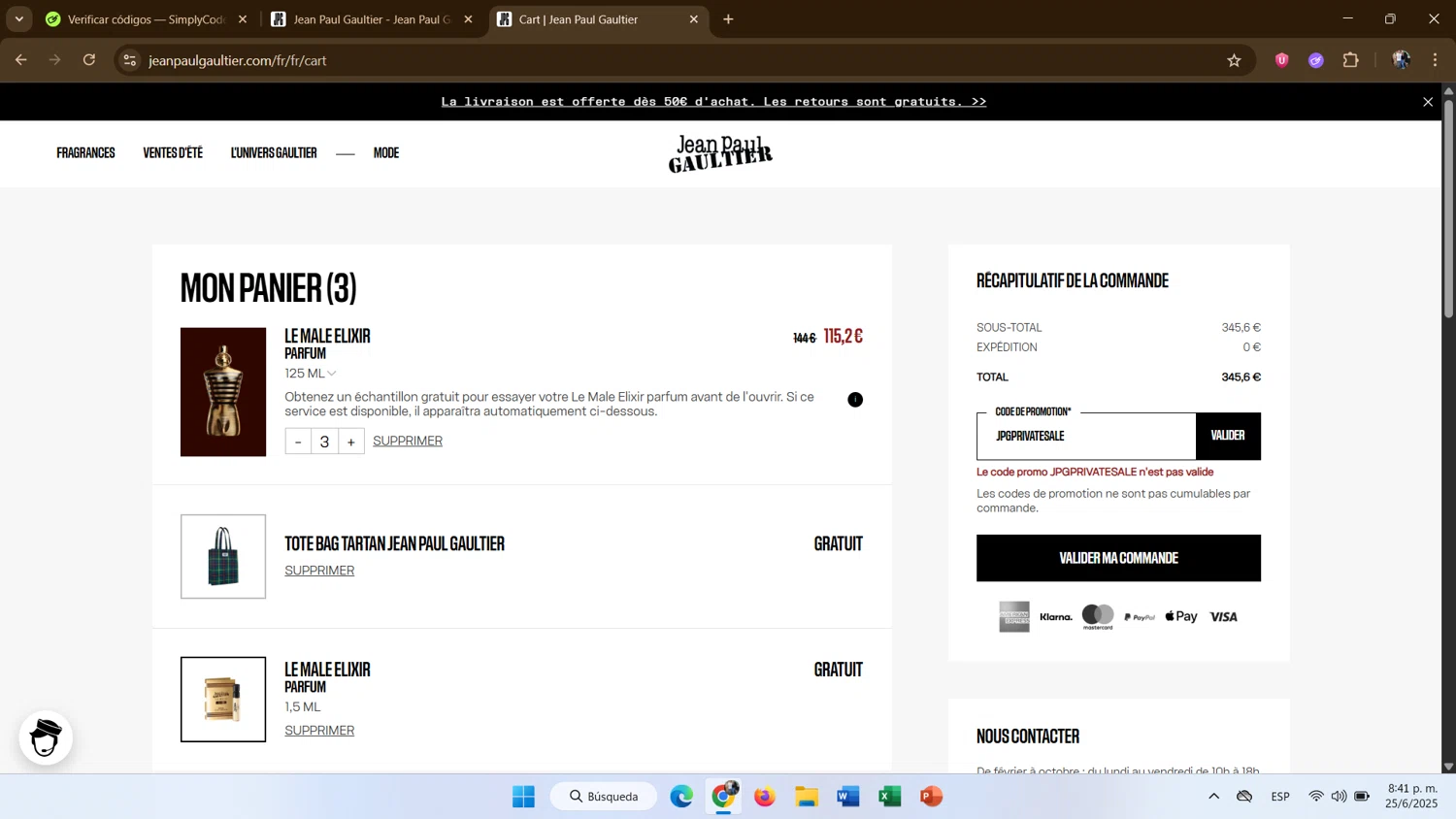Jean Paul Gaultier promo code screenshot showing code JPGPRIVATESALE applied at Jean Paul Gaultier checkout page. Uploaded by SimplyCodes community member Zxdqui on Jun 26, 2025