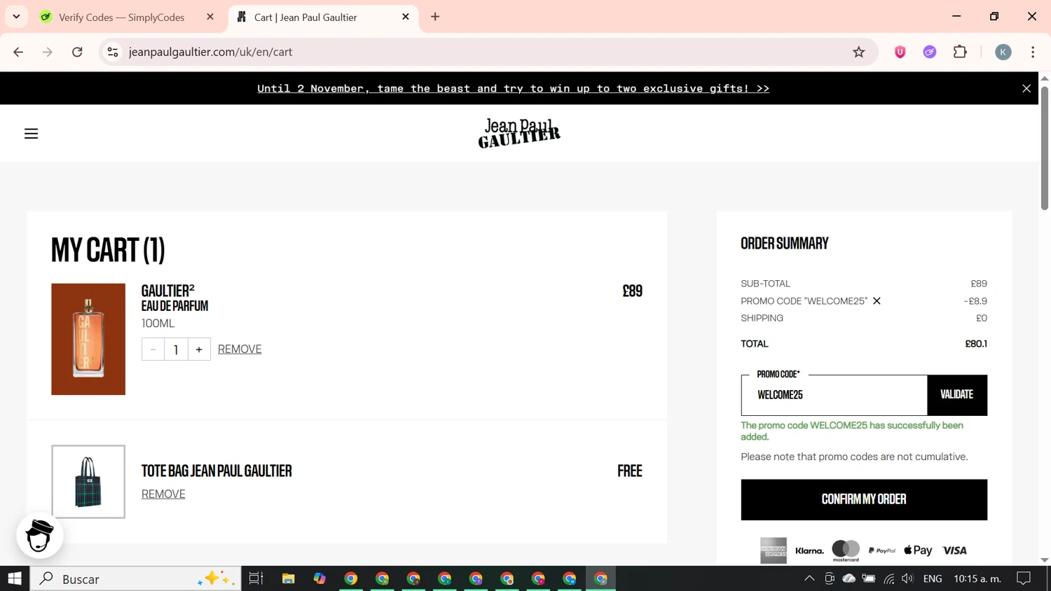 Jean Paul Gaultier promo code screenshot showing code WELCOME25 applied at Jean Paul Gaultier checkout page. Uploaded by SimplyCodes community member SavingsBoss9912 on Oct 24, 2025