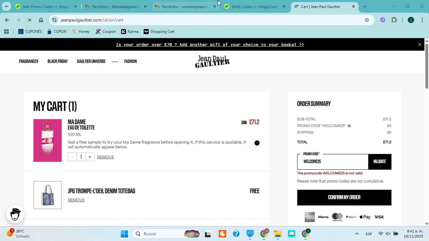 Jean Paul Gaultier promo code screenshot showing code WELCOME25 applied at Jean Paul Gaultier checkout page. Uploaded by SimplyCodes community member jorgejavierherrera on Nov 19, 2025
