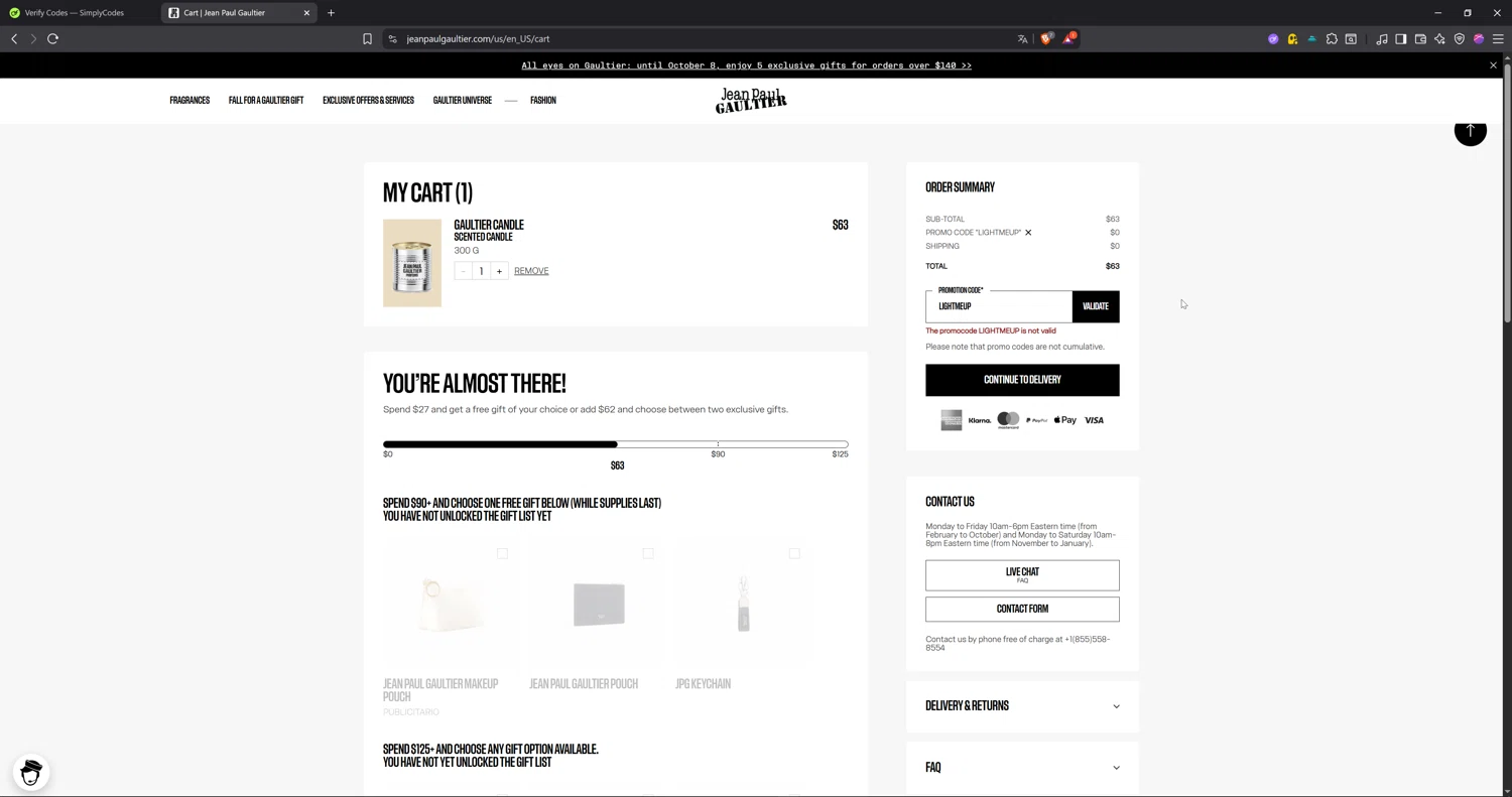 Jean Paul Gaultier promo code screenshot showing code LIGHTMEUP applied at Jean Paul Gaultier checkout page. Uploaded by SimplyCodes community member Cbombis on Oct 8, 2025