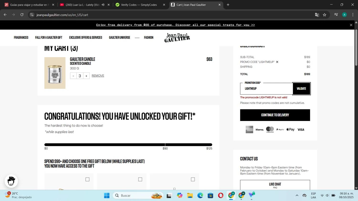 Jean Paul Gaultier promo code screenshot showing code LIGHTMEUP applied at Jean Paul Gaultier checkout page. Uploaded by SimplyCodes community member CouponSentinel181 on Oct 8, 2025
