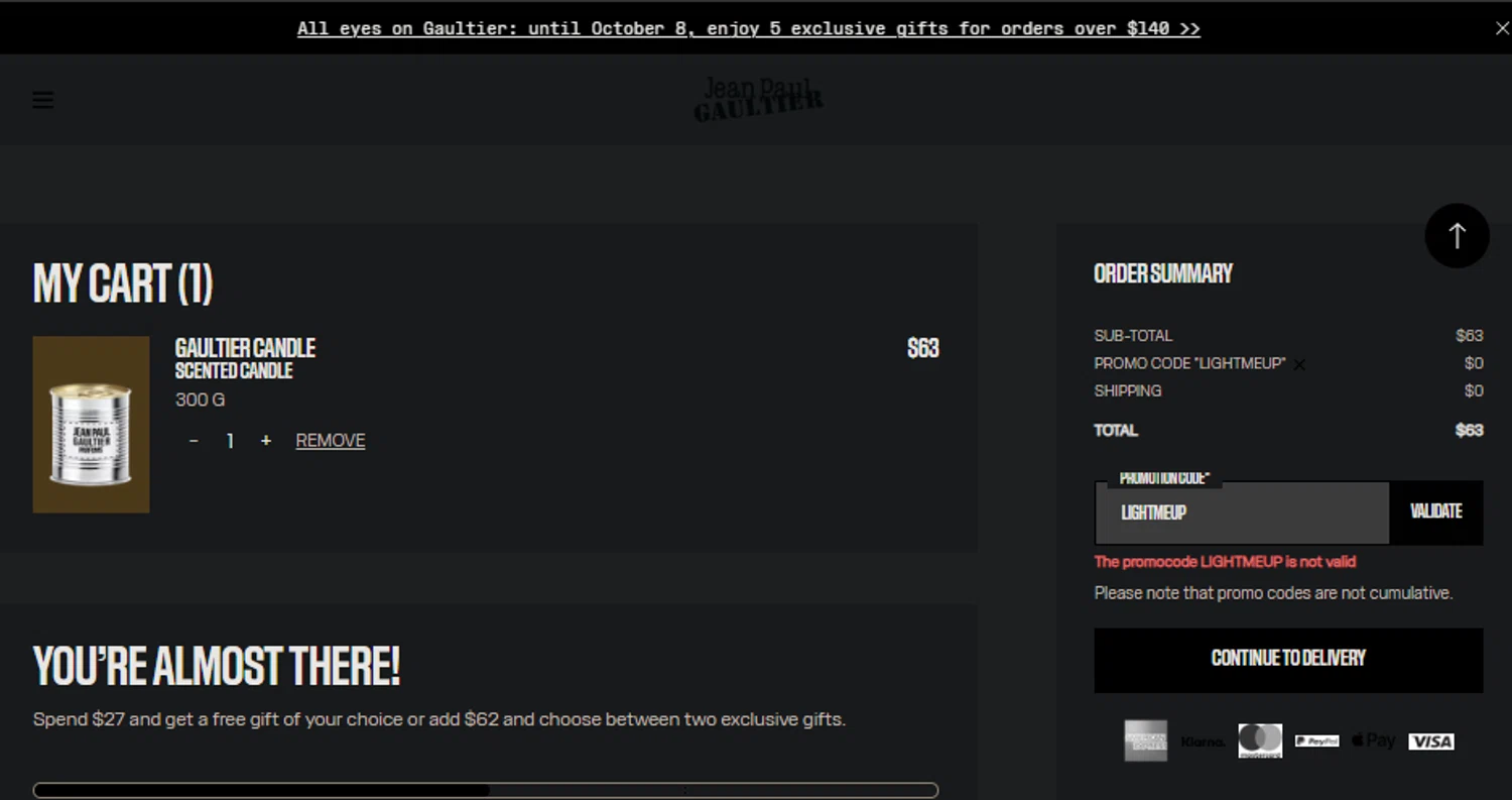 Jean Paul Gaultier promo code screenshot showing code LIGHTMEUP applied at Jean Paul Gaultier checkout page. Uploaded by SimplyCodes community member idkxxx on Oct 8, 2025