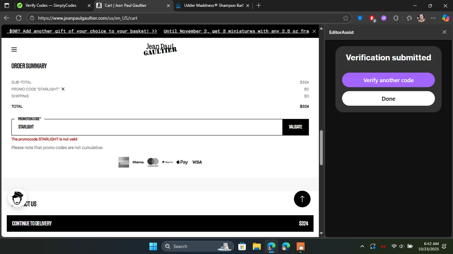 Jean Paul Gaultier checkout page showing Jean Paul Gaultier promo code box | Screenshot taken by SimplyCodes community member on Oct 23, 2025