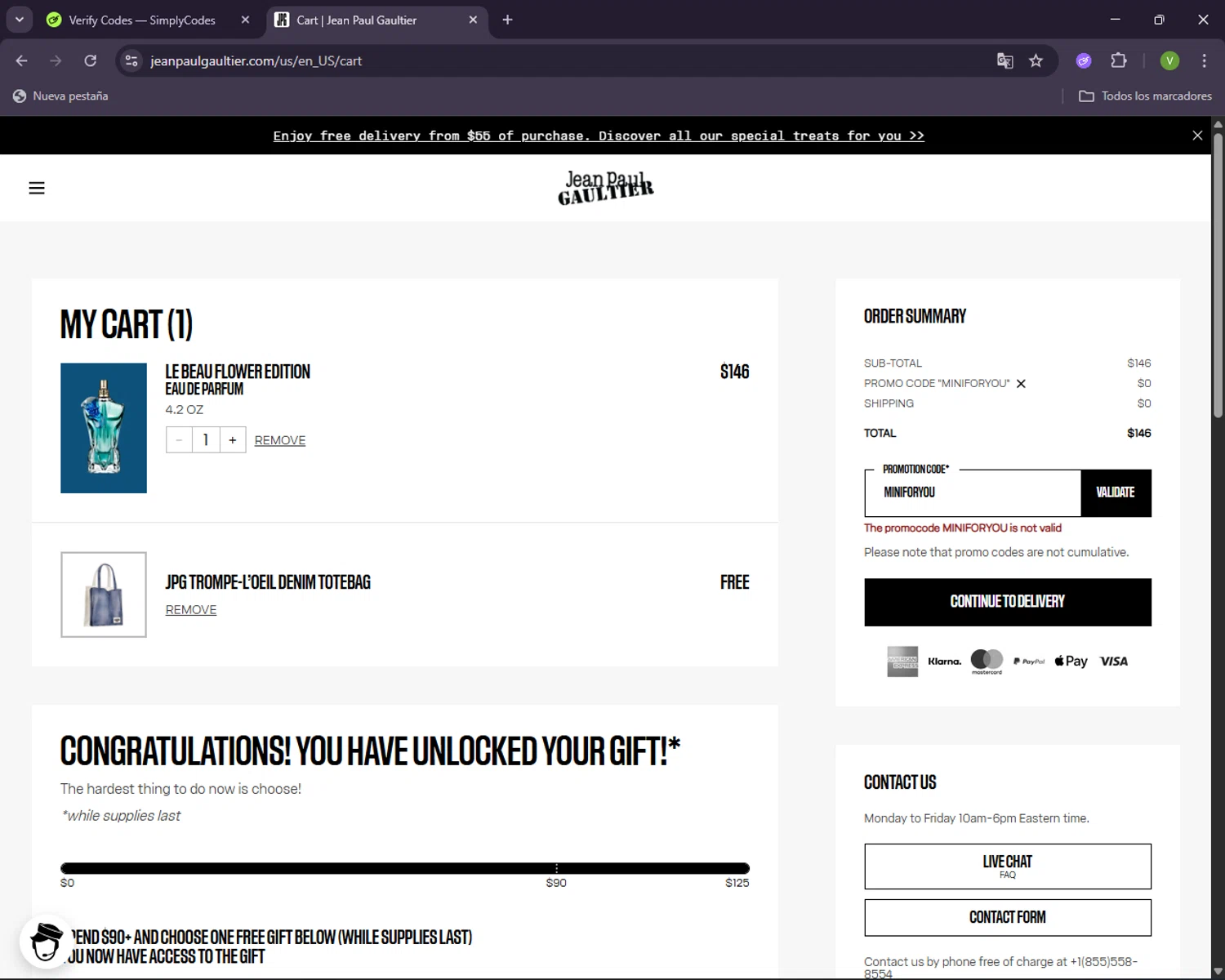 Jean Paul Gaultier promo code screenshot showing code MINIFORYOU applied at Jean Paul Gaultier checkout page. Uploaded by SimplyCodes community member CleverNavigator1236 on Nov 15, 2025
