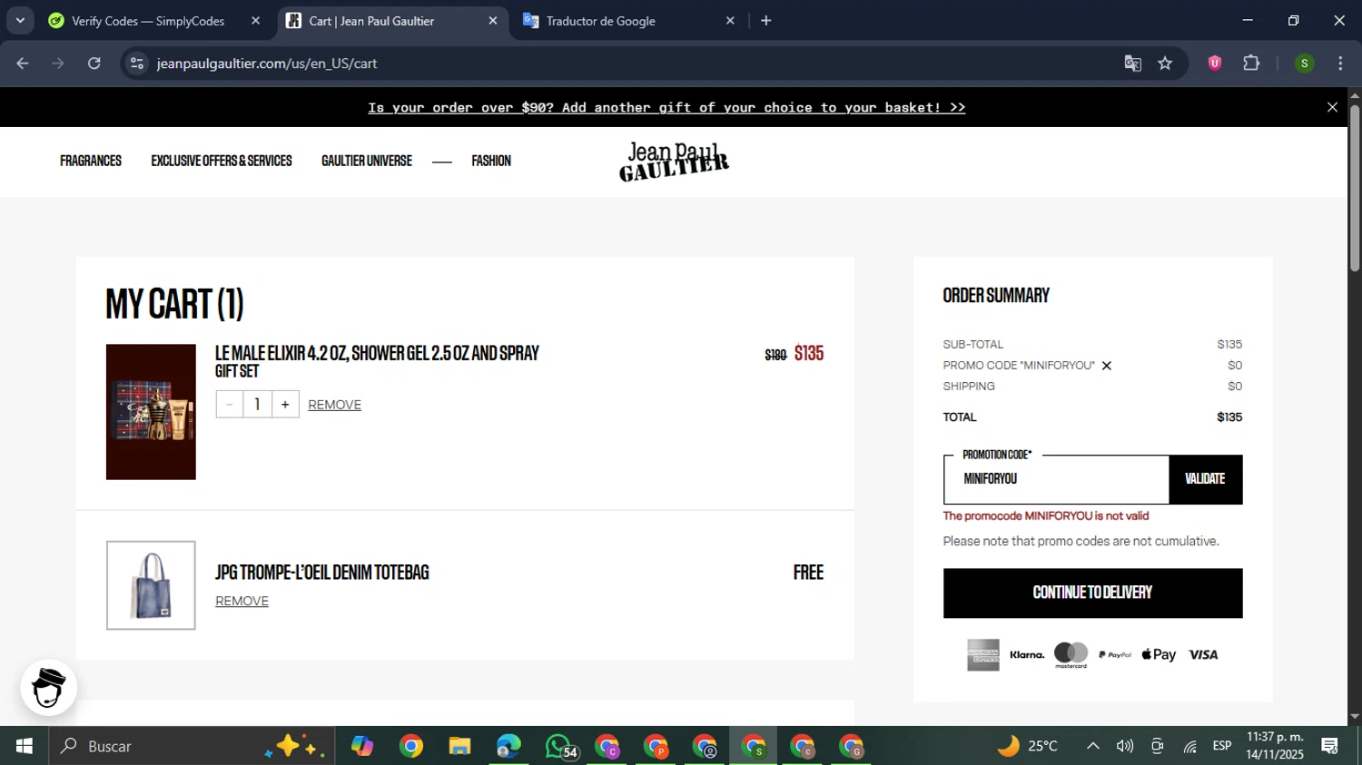 Jean Paul Gaultier promo code screenshot showing code MINIFORYOU applied at Jean Paul Gaultier checkout page. Uploaded by SimplyCodes community member RewardMaverick445 on Nov 15, 2025