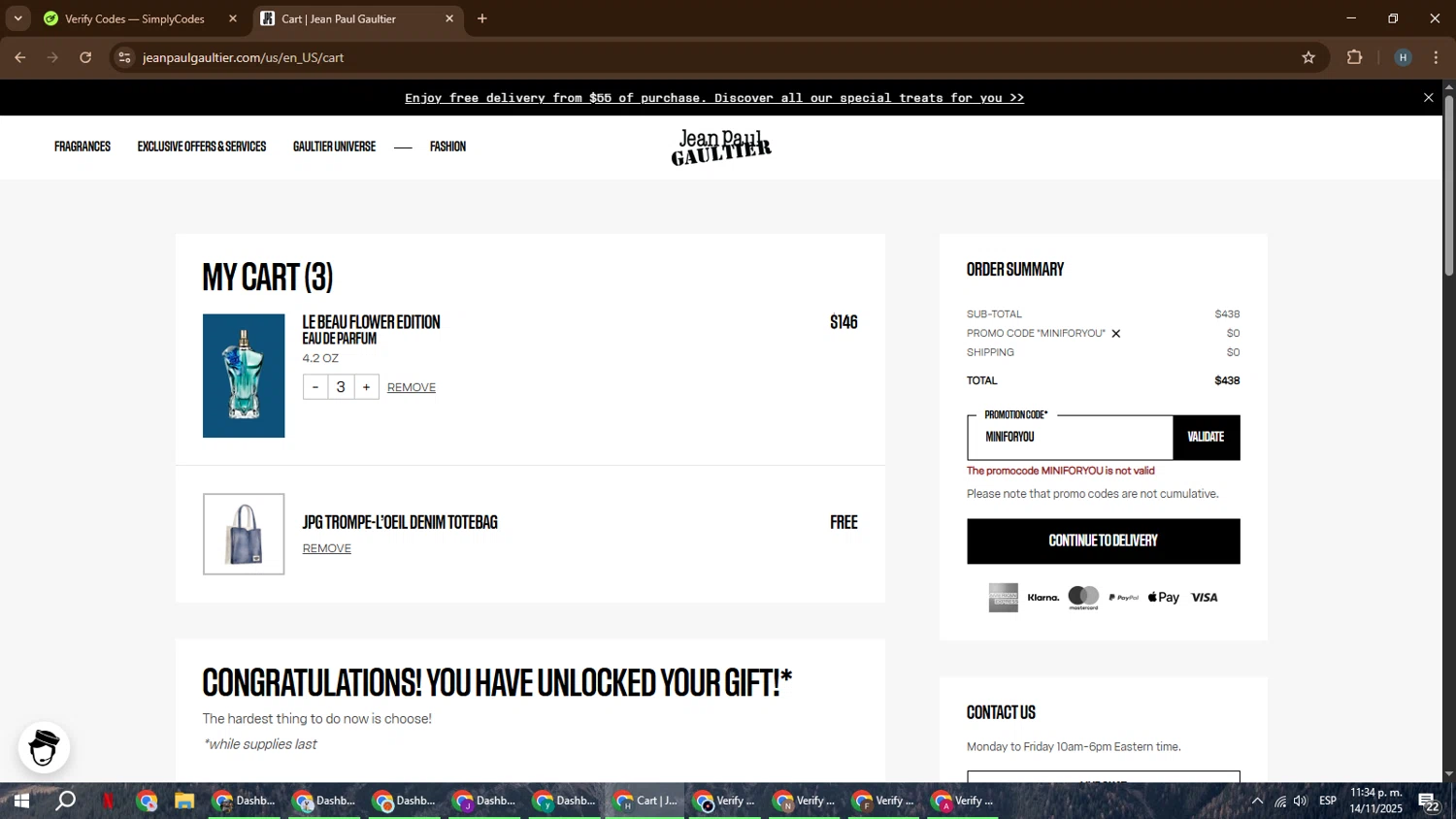 Jean Paul Gaultier promo code screenshot showing code MINIFORYOU applied at Jean Paul Gaultier checkout page. Uploaded by SimplyCodes community member YAMAHA on Nov 15, 2025