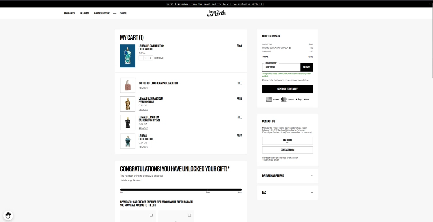 Jean Paul Gaultier checkout page showing Jean Paul Gaultier promo code box | Screenshot taken by SimplyCodes community member on Oct 23, 2025