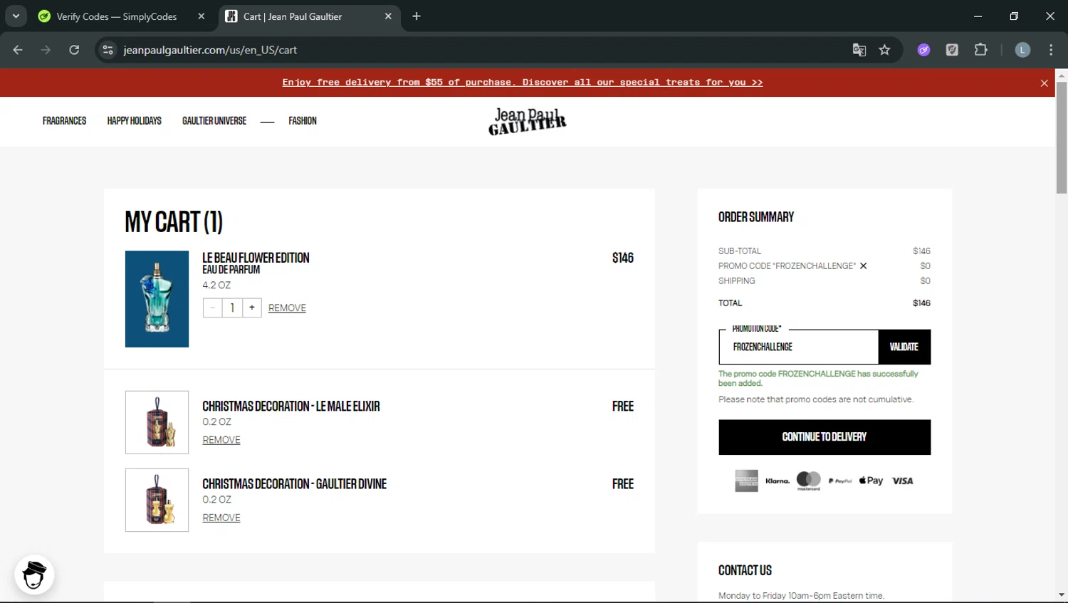 Jean Paul Gaultier promo code screenshot showing code FROZENCHALLENGE applied at Jean Paul Gaultier checkout page. Uploaded by SimplyCodes community member RoyalOwl5790 on Dec 22, 2025