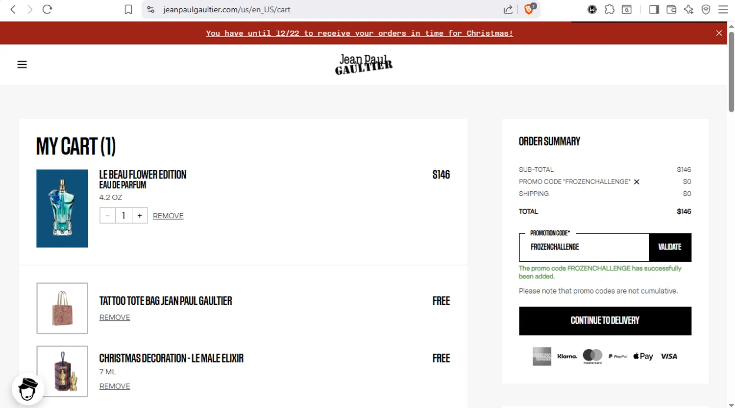 Jean Paul Gaultier promo code screenshot showing code FROZENCHALLENGE applied at Jean Paul Gaultier checkout page. Uploaded by SimplyCodes community member dayselis15 on Dec 4, 2025