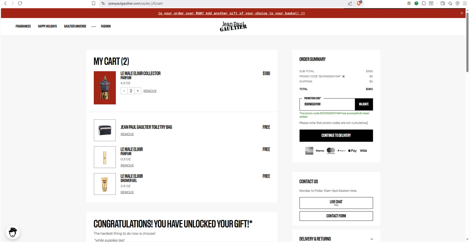 Jean Paul Gaultier checkout page showing Jean Paul Gaultier promo code box | Screenshot taken by SimplyCodes community member on Jan 3, 2026