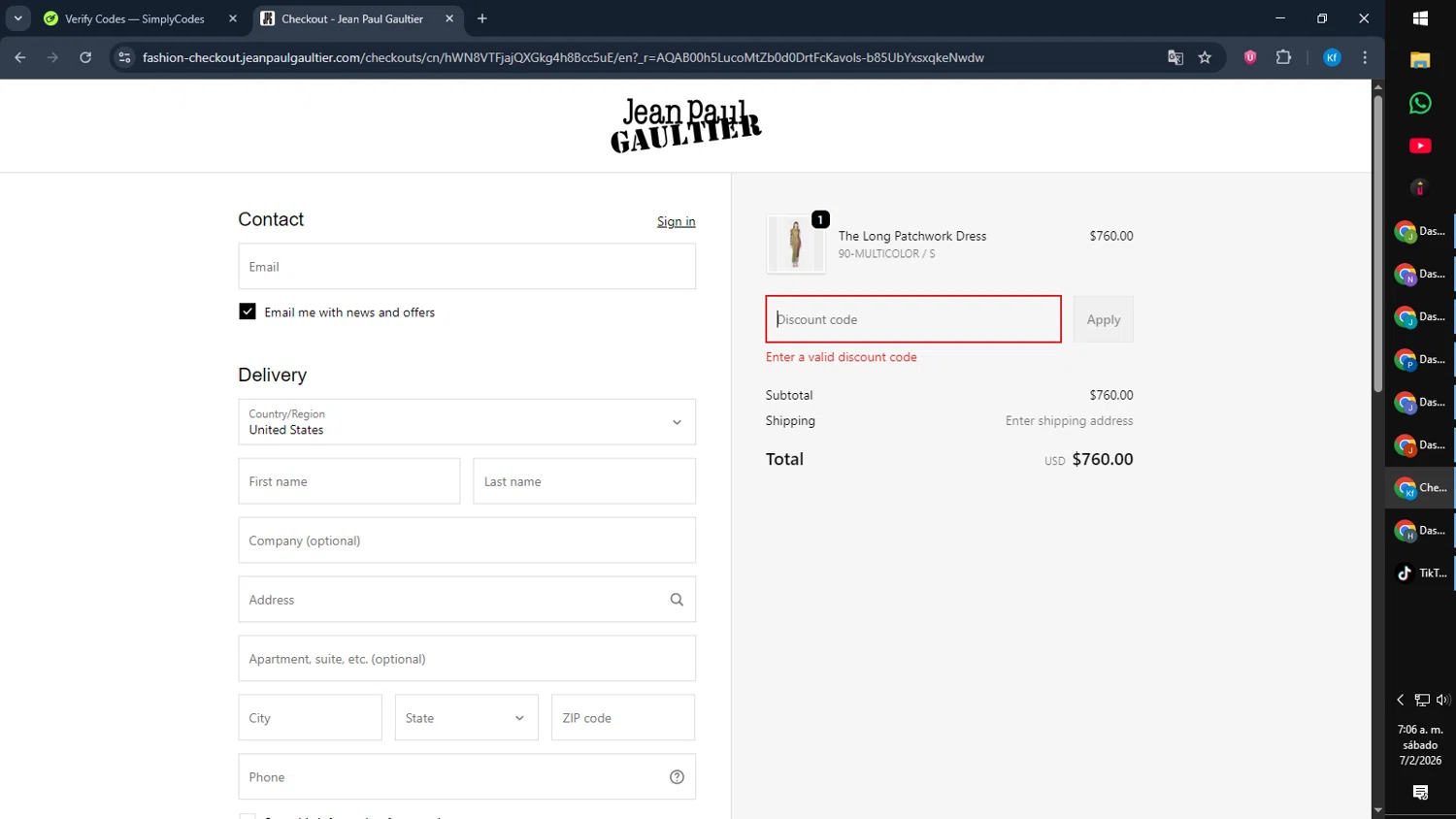 Jean Paul Gaultier promo code screenshot showing code VDAYHER applied at Jean Paul Gaultier checkout page. Uploaded by SimplyCodes community member Cynoxx on Feb 7, 2026