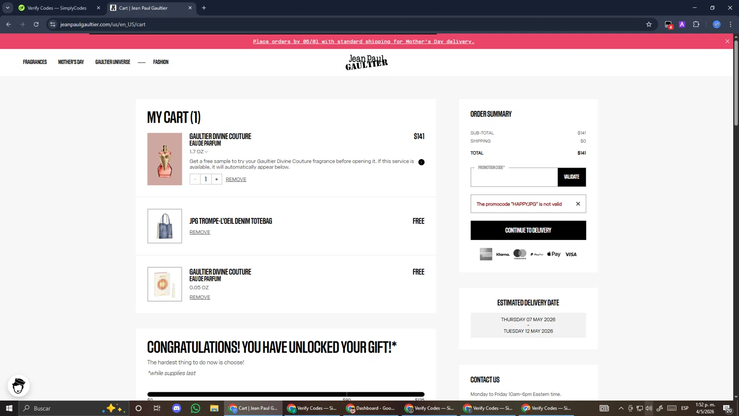Verification screenshot for Free Gift 50ml Fragrances at Jean Paul Gaultier - 3mo ago