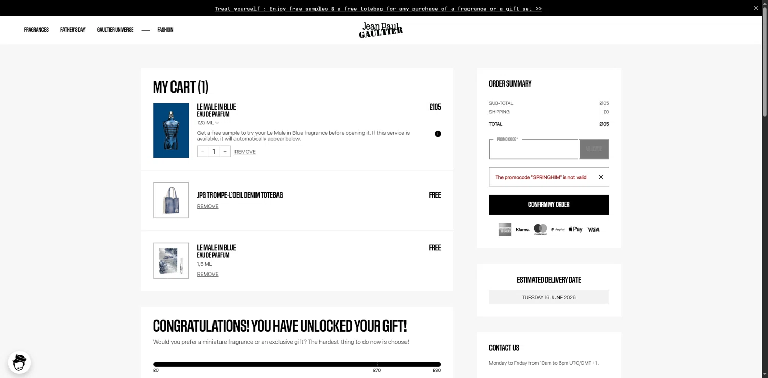 Verification screenshot for Free Gift Select Items at Jean Paul Gaultier - 50d ago