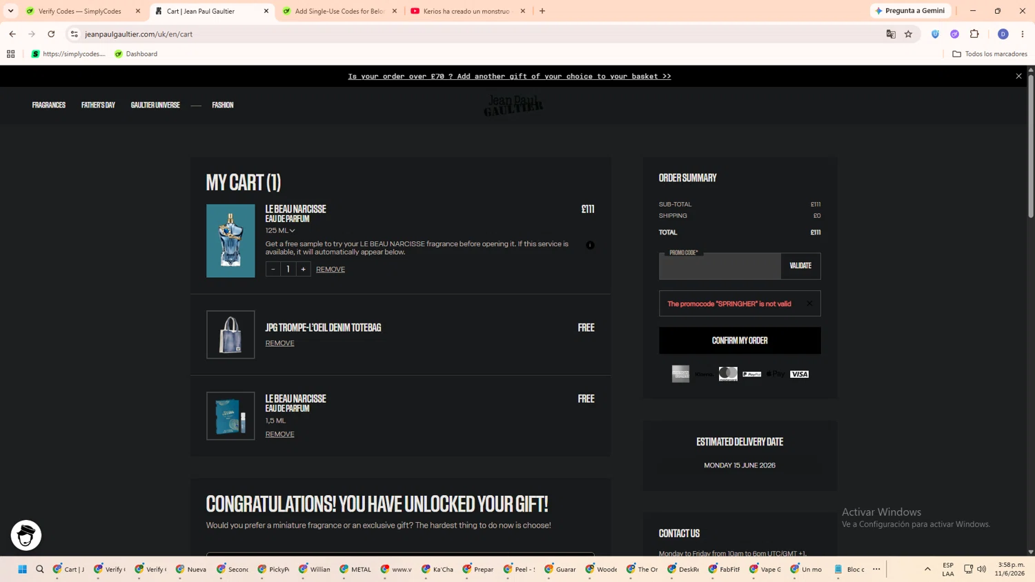 Verification screenshot for Free Gift Storewide at Jean Paul Gaultier - 52d ago