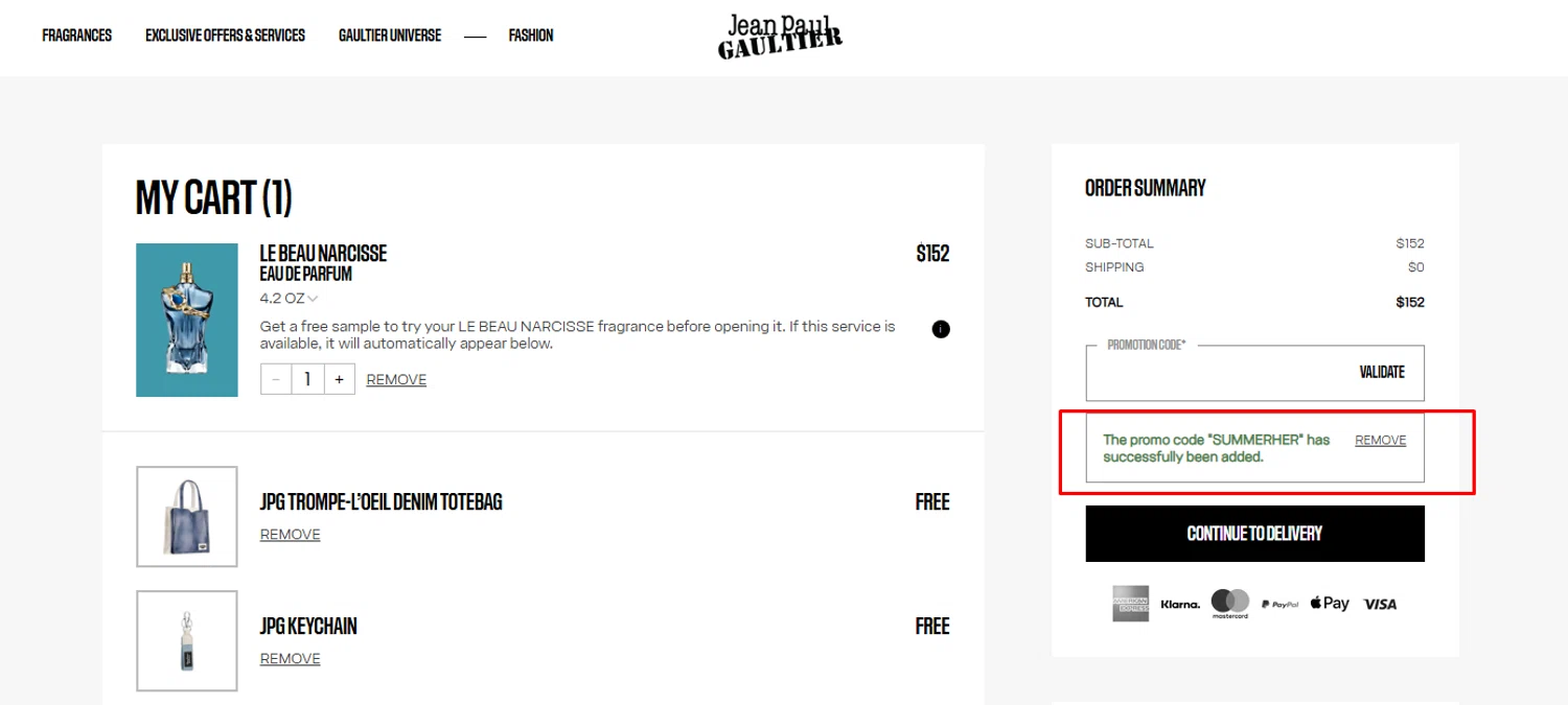 Verification screenshot for Free Gift Storewide (minimum Order $130) at Jean Paul Gaultier - 20d ago