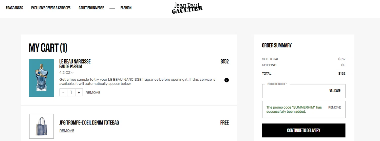 Verification screenshot for Free Gift Storewide at Jean Paul Gaultier - 18d ago