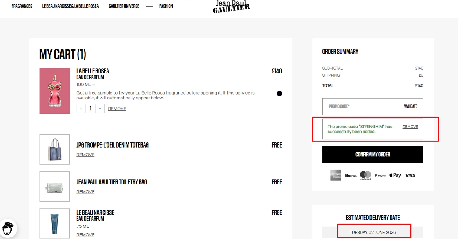 Verification screenshot for Free Gift Select Items at Jean Paul Gaultier - 2mo ago