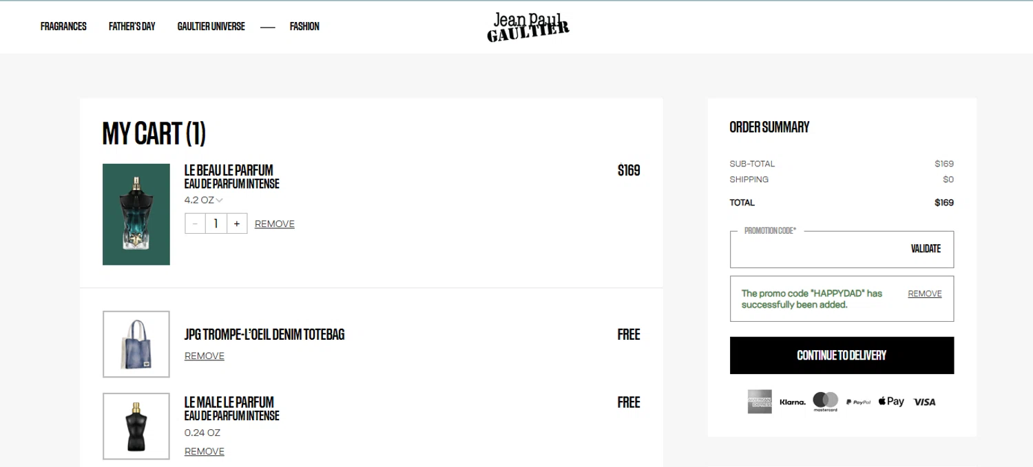 Verification screenshot for Free Gift Storewide at Jean Paul Gaultier - 52d ago