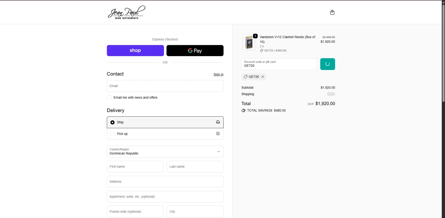 Jean Paul USA discount code screenshot showing code GET20 applied at Jean Paul USA checkout page. Uploaded by SimplyCodes community member LegendaryCurator4133 on Dec 27, 2025