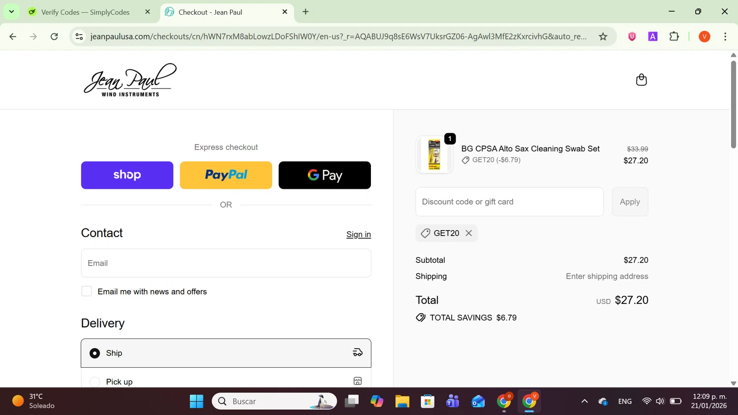Jean Paul USA discount code screenshot showing code GET20 applied at Jean Paul USA checkout page. Uploaded by SimplyCodes community member SavingsCaptain8190 on Jan 21, 2026