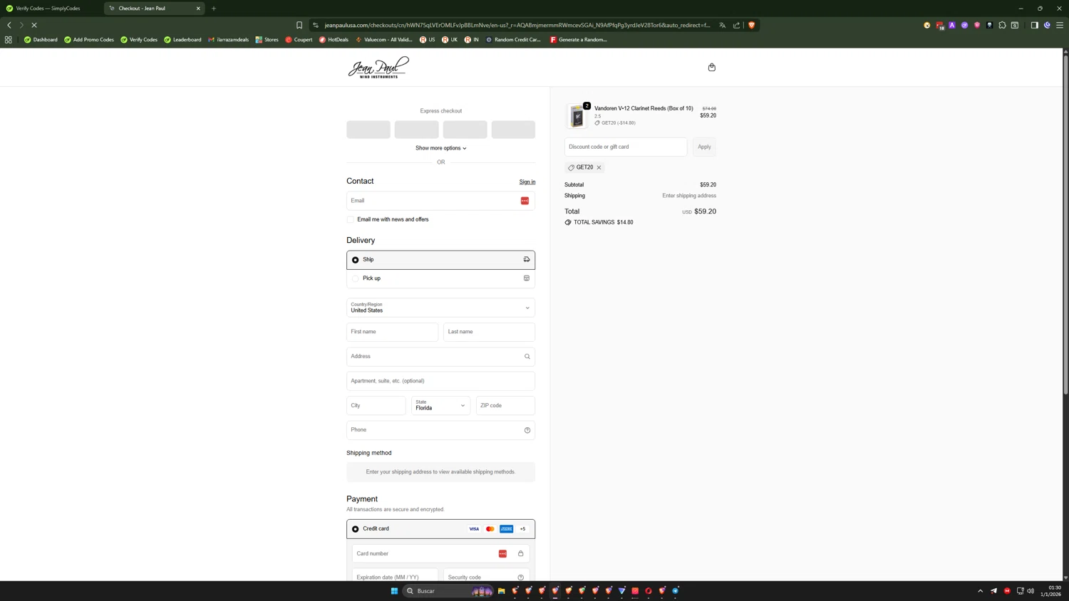 Jean Paul USA discount code screenshot showing code GET20 applied at Jean Paul USA checkout page. Uploaded by SimplyCodes community member QuantumRider5931 on Jan 1, 2026