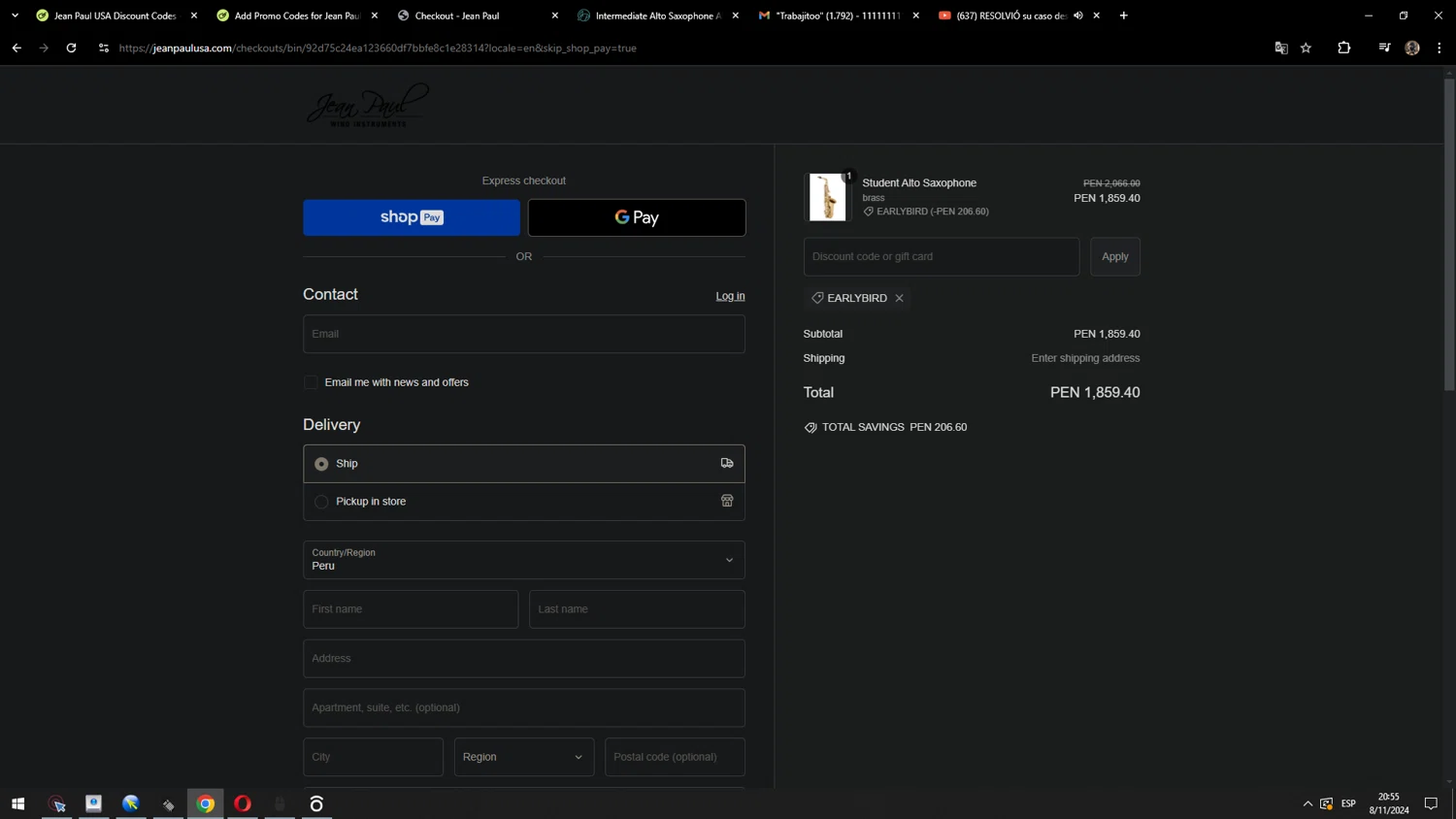 Jean Paul USA discount code screenshot showing code EARLYBIRD applied at Jean Paul USA checkout page. Uploaded by SimplyCodes community member MarcosAranguren on Nov 9, 2024
