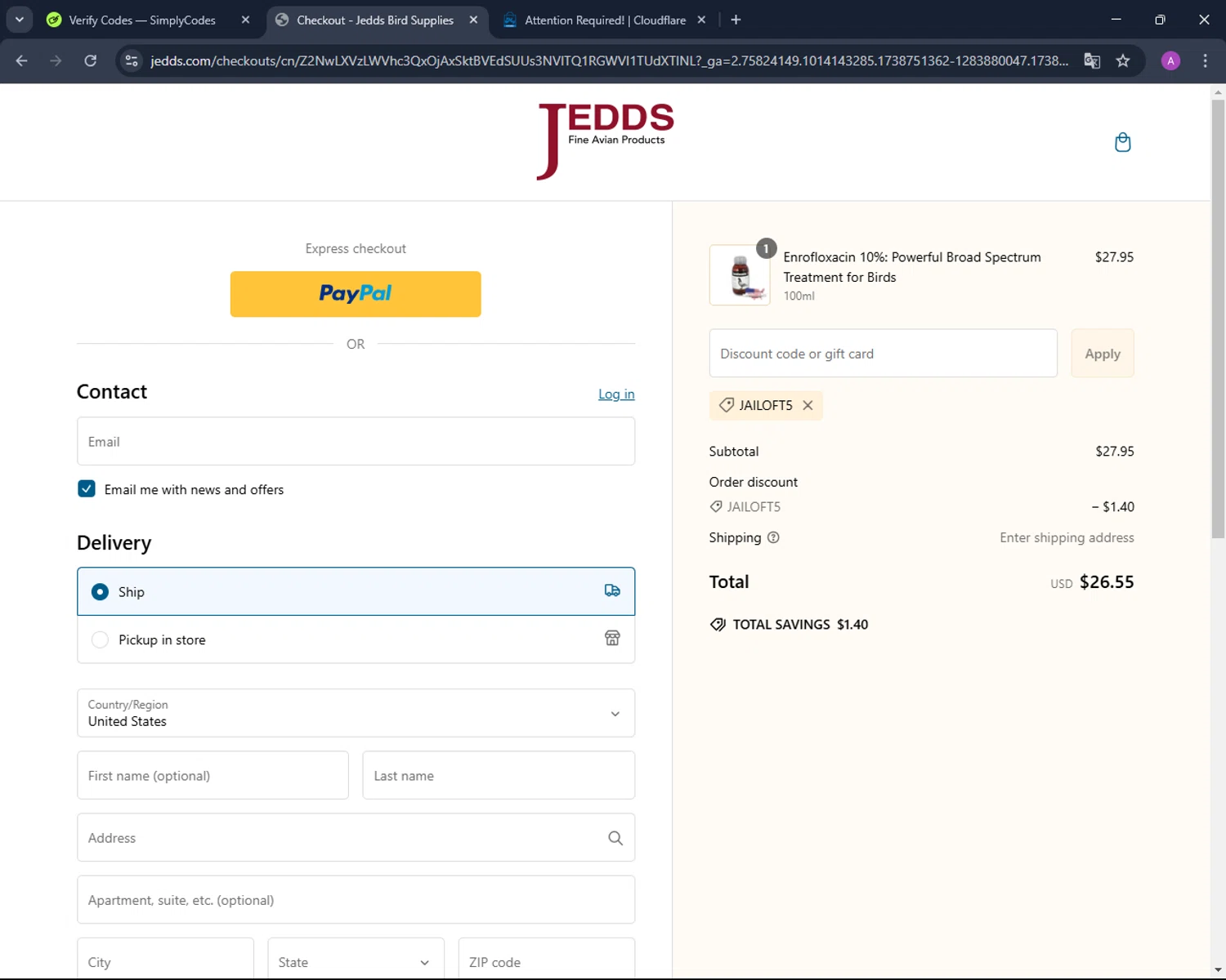 JEDDS Bird Supply discount code screenshot showing code JAILOFT5 applied at JEDDS Bird Supply checkout page. Uploaded by SimplyCodes community member AndreinaA on Feb 5, 2025