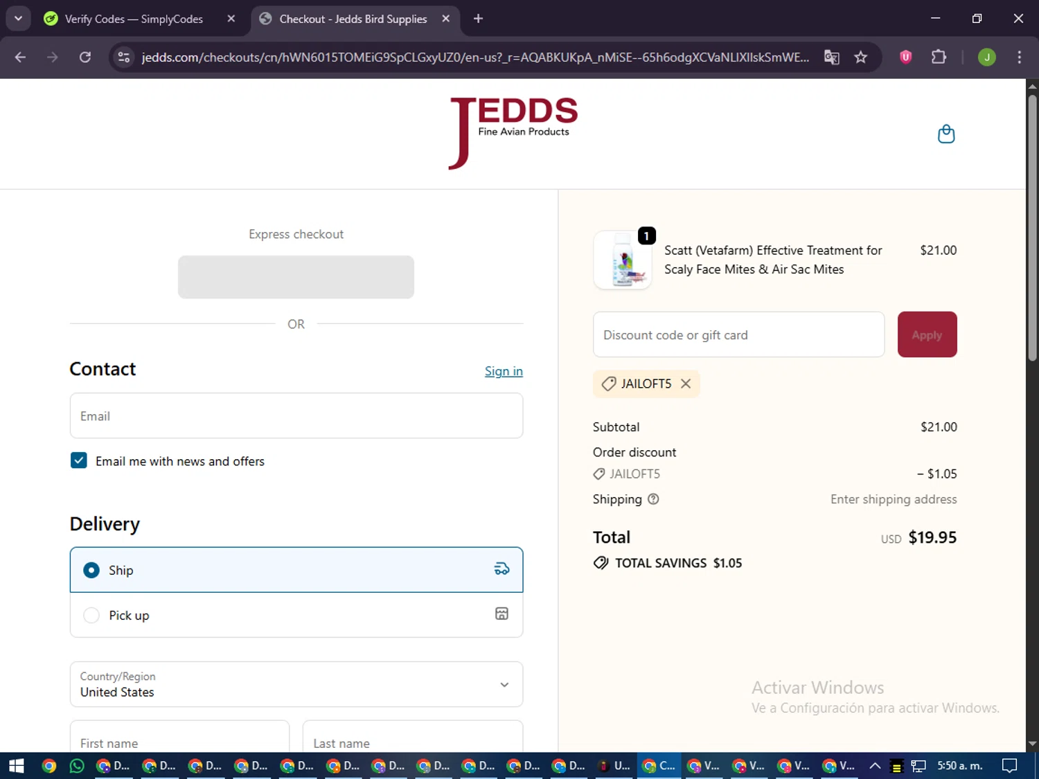 JEDDS Bird Supply discount code screenshot showing code JAILOFT5 applied at JEDDS Bird Supply checkout page. Uploaded by SimplyCodes community member LilBaby on Dec 3, 2025
