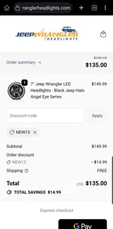 Jeep Wrangler Headlights coupon verification screenshot