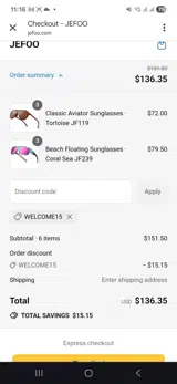 Welcome15 coupon verification screenshot