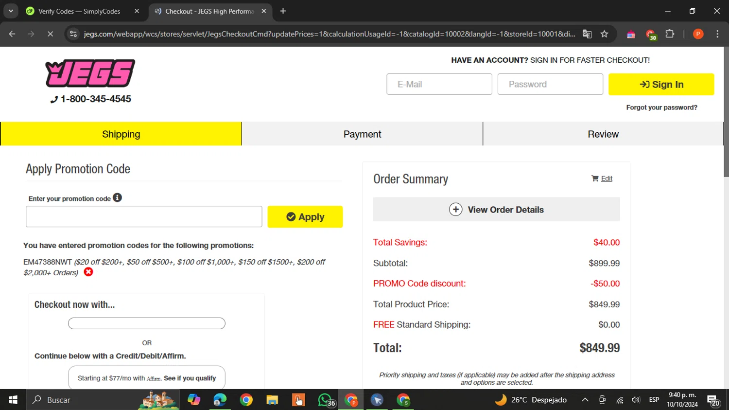 where to use JEGS promo code box