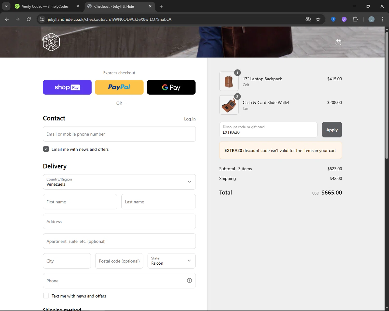 Jekyll and Hide UK checkout page showing Jekyll and Hide UK promo code box | Screenshot taken by SimplyCodes community member on Jul 9, 2025