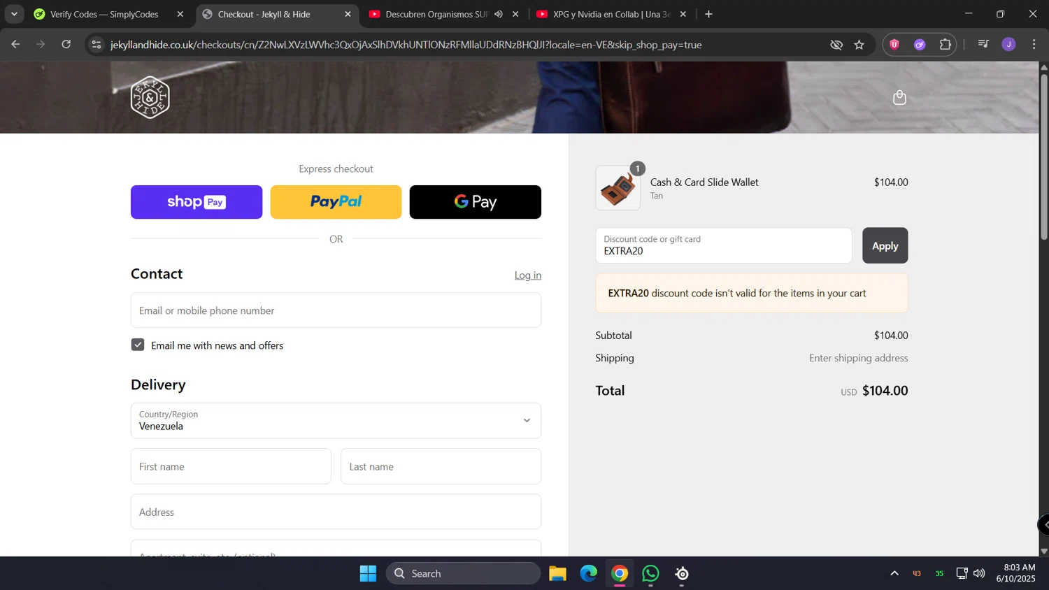 Jekyll and Hide UK checkout page showing Jekyll and Hide UK promo code box | Screenshot taken by SimplyCodes community member on Jun 10, 2025