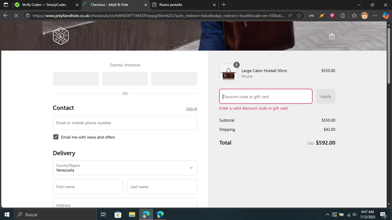 Jekyll and Hide UK promo code screenshot showing code CODE10 applied at Jekyll and Hide UK checkout page. Uploaded by SimplyCodes community member Blackleg_Sanji on Jul 12, 2025