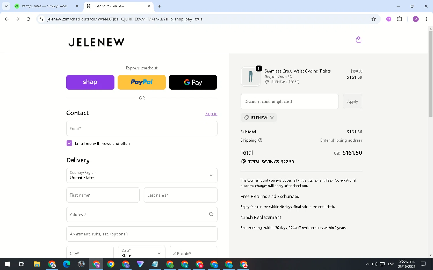 Jelenew promo code screenshot showing code JELENEW applied at Jelenew checkout page. Uploaded by SimplyCodes community member MightyShopper3015 on Oct 25, 2025