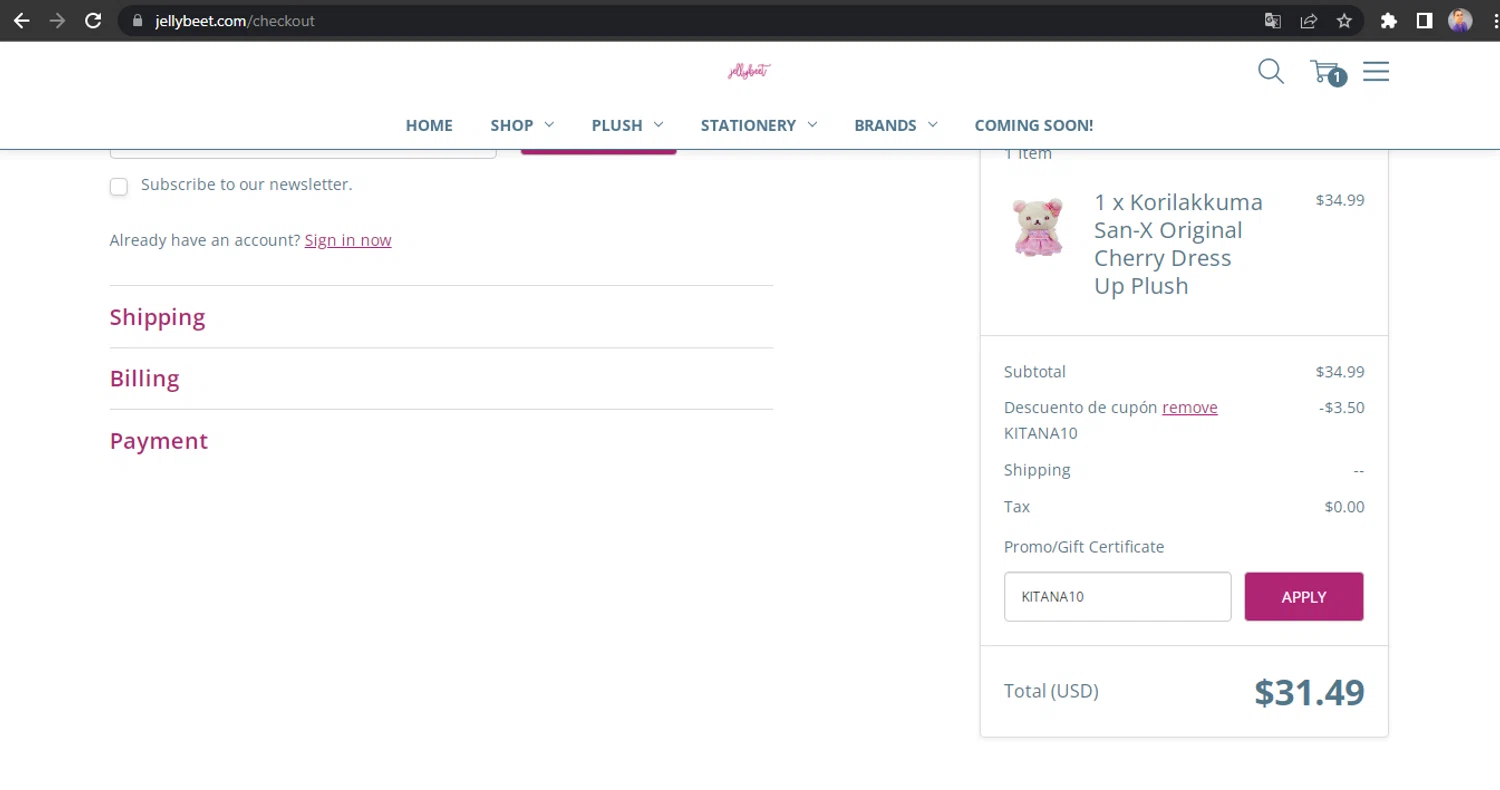 Jellybeet promo code screenshot showing code KITANA10 applied at Jellybeet checkout page. Uploaded by SimplyCodes community member HUNTER1406 on May 24, 2025