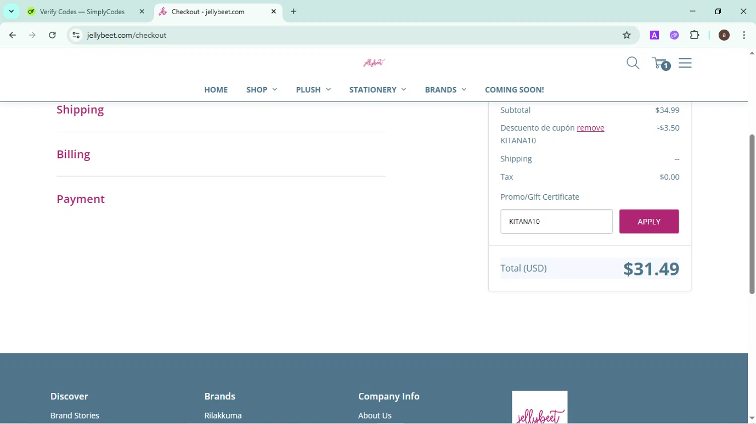 Jellybeet promo code screenshot showing code KITANA10 applied at Jellybeet checkout page. Uploaded by SimplyCodes community member CodeMaverick246 on May 17, 2025