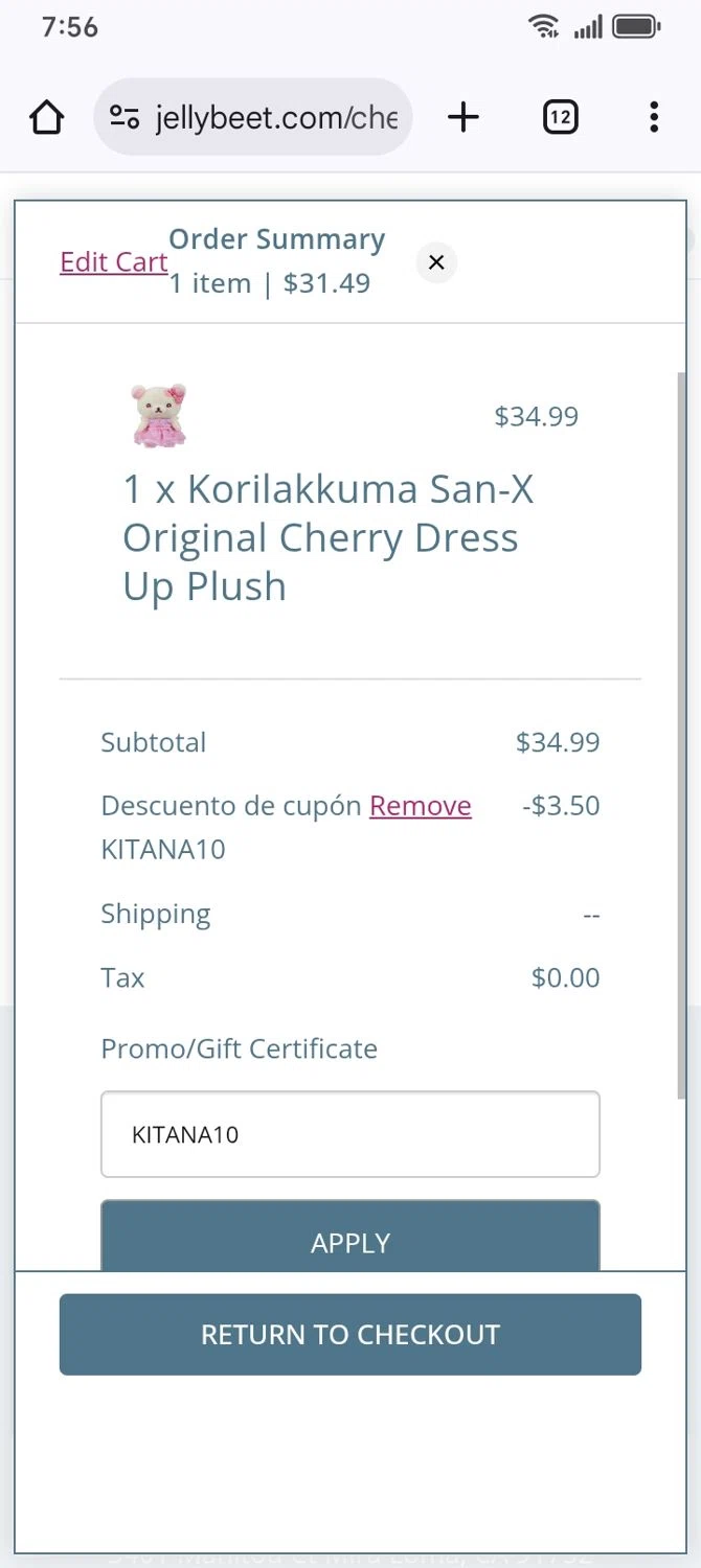 Jellybeet promo code screenshot showing code KITANA10 applied at Jellybeet checkout page. Uploaded by SimplyCodes community member franksanchez on Jul 21, 2025
