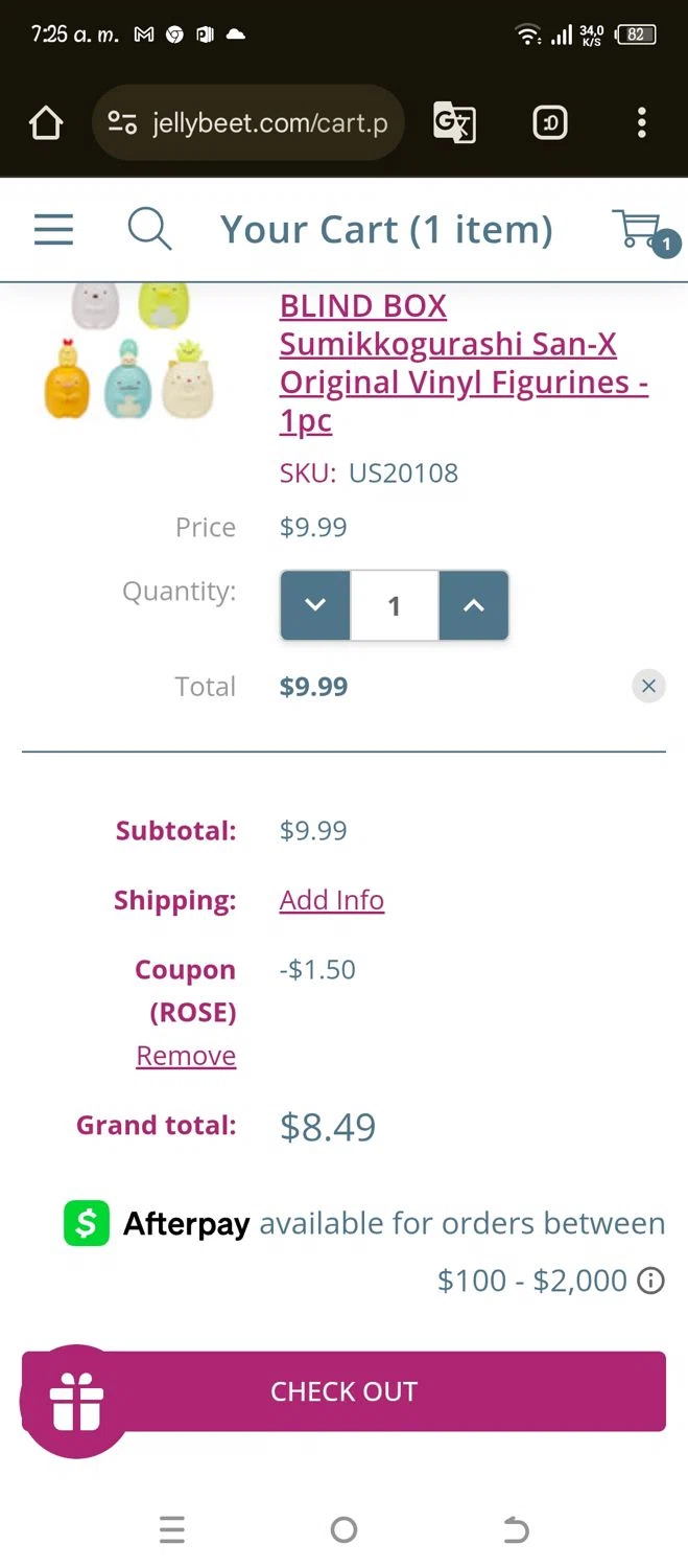 Jellybeet promo code screenshot showing code ROSE applied at Jellybeet checkout page. Uploaded by SimplyCodes community member Pipina on May 24, 2025