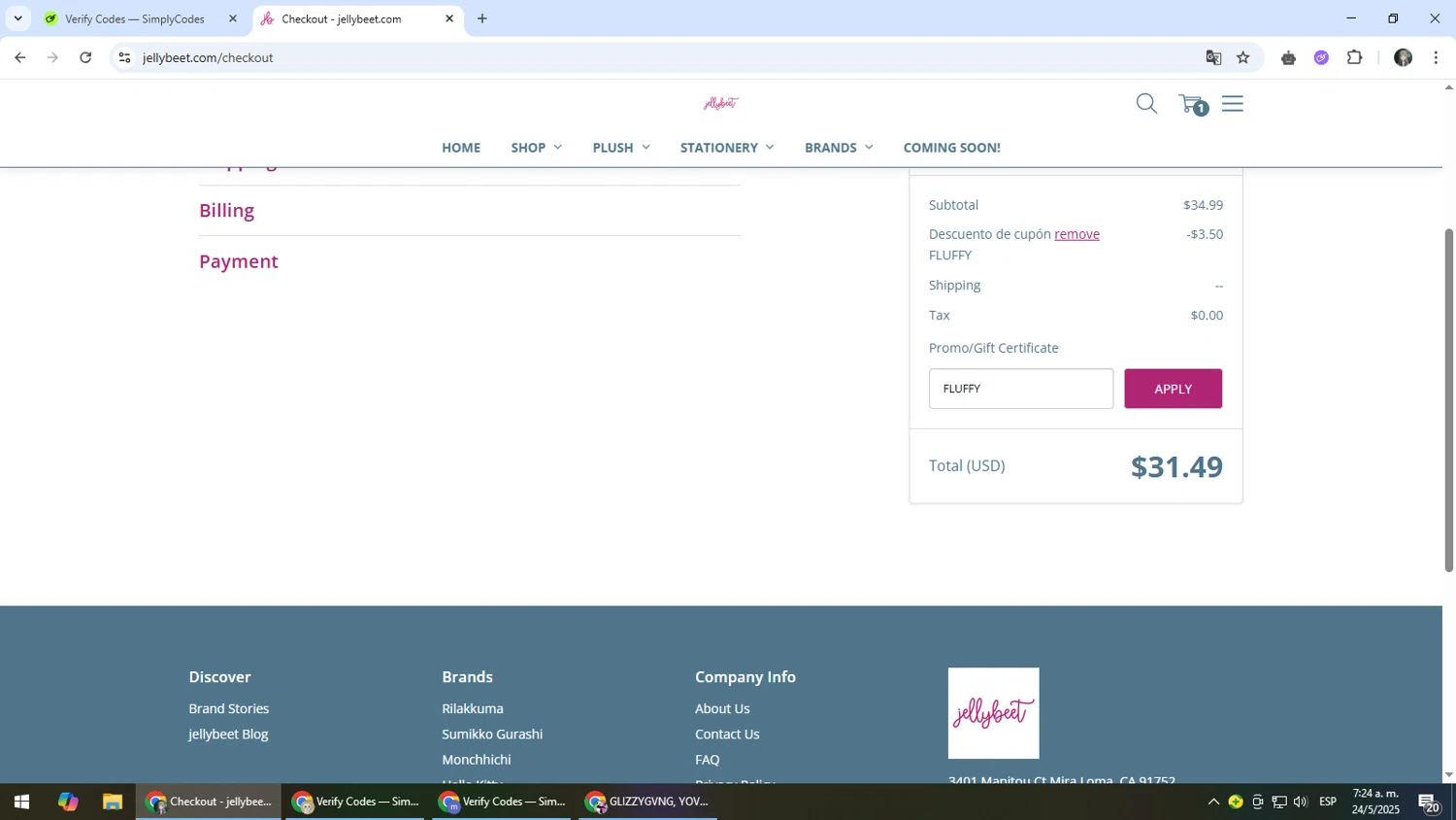 Jellybeet promo code screenshot showing code FLUFFY applied at Jellybeet checkout page. Uploaded by SimplyCodes community member CleverLynx6871 on May 24, 2025