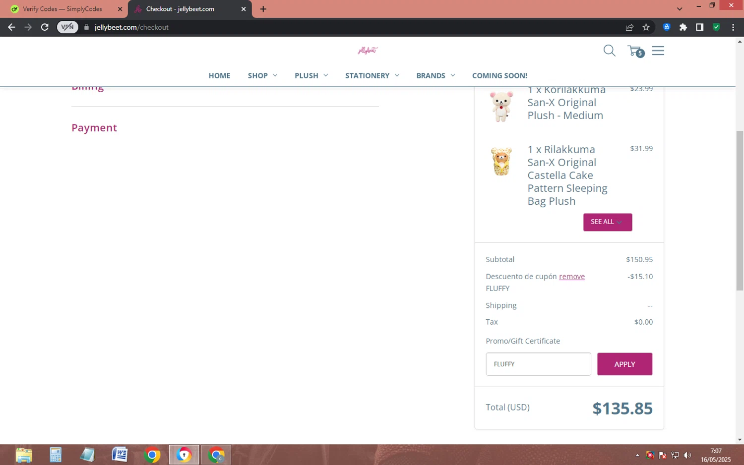 Jellybeet promo code screenshot showing code FLUFFY applied at Jellybeet checkout page. Uploaded by SimplyCodes community member EpicHero3429 on May 17, 2025