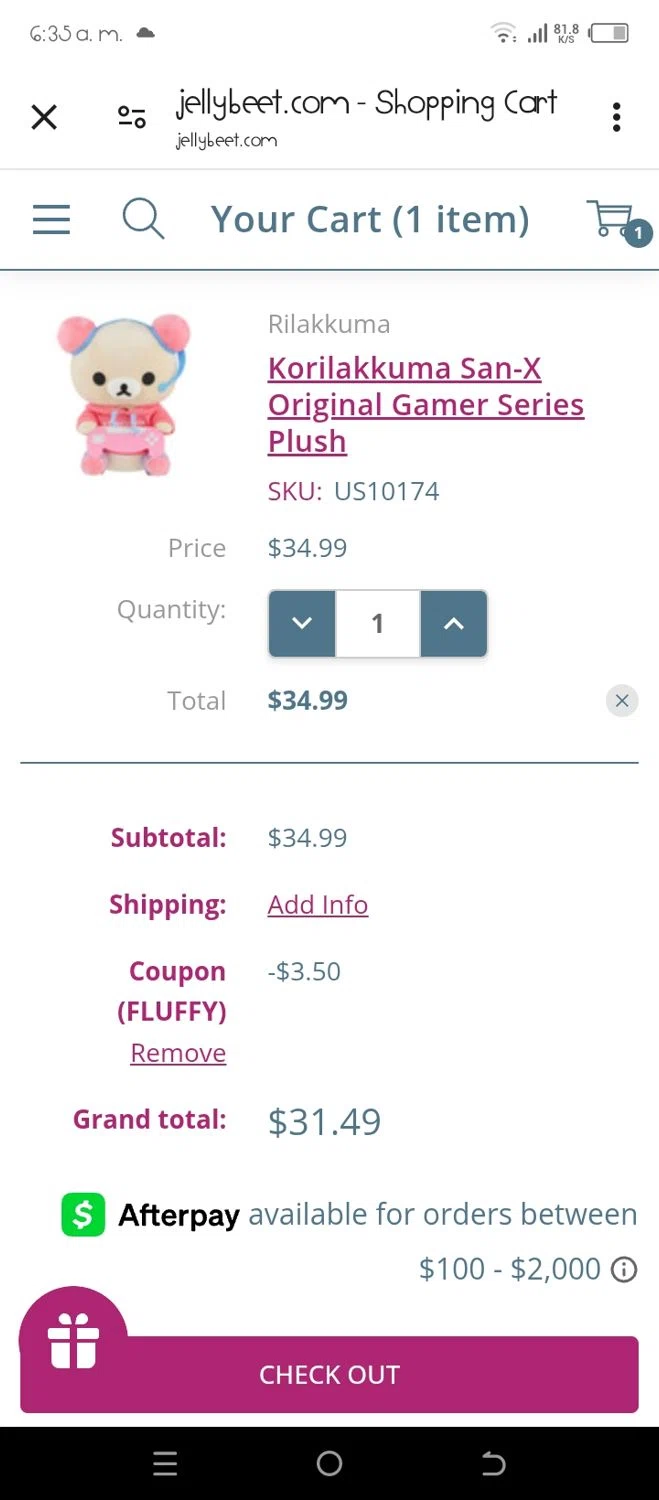 Jellybeet promo code screenshot showing code FLUFFY applied at Jellybeet checkout page. Uploaded by SimplyCodes community member yubligil on Mar 26, 2025