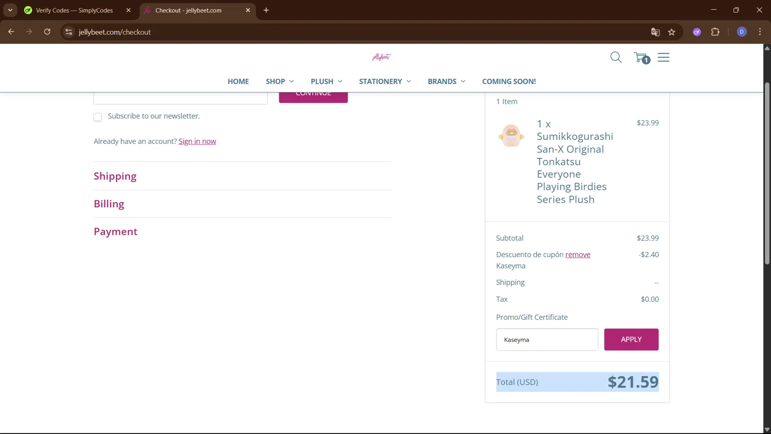 Jellybeet promo code screenshot showing code Kaseyma applied at Jellybeet checkout page. Uploaded by SimplyCodes community member PennyCurator6489 on May 24, 2025